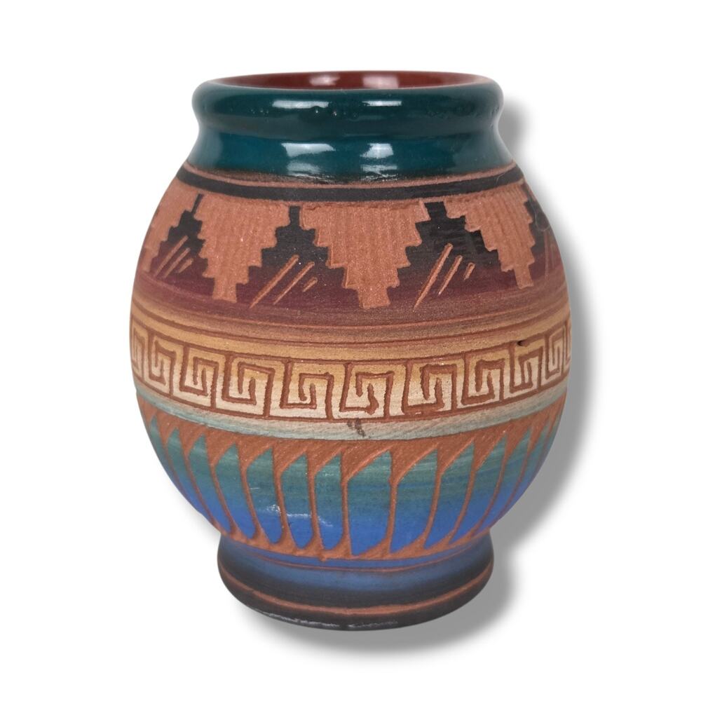Navajo Emma Etsitty 2.75" Etched Pottery Vase Southwest Native American Art Teal